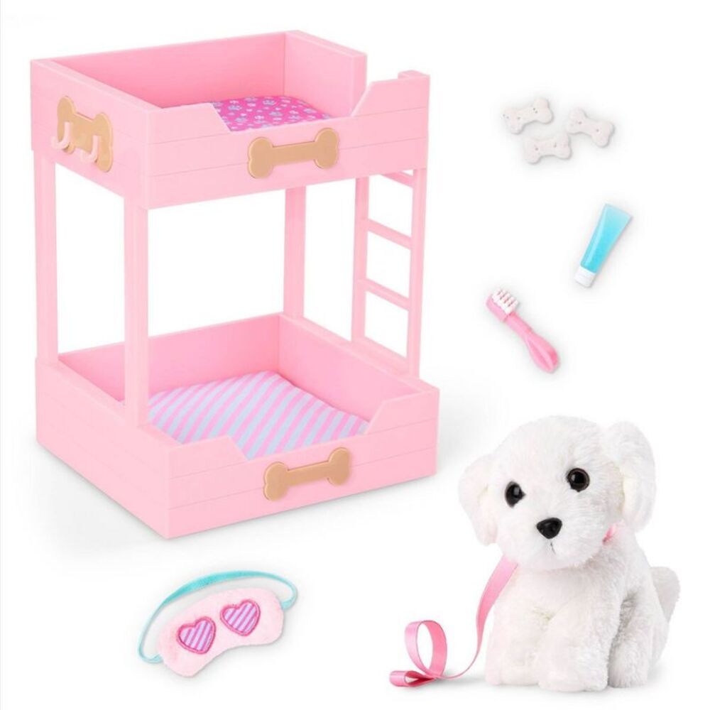 Puppy Dreams Pink Bunk Bed Set with Plush Dollhouse Accessories for 18" Dolls